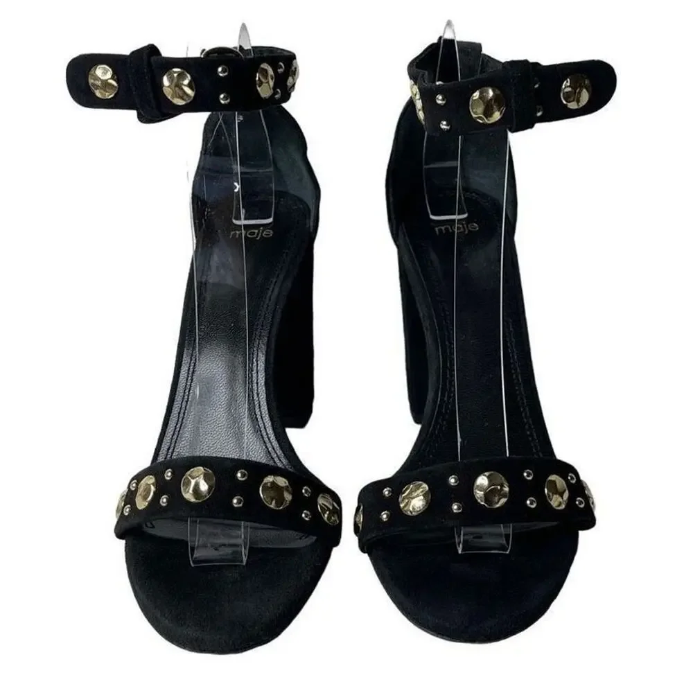 Maje Womens Studded Suede Black Gold Block Heels Sandals Size EU 39 US 8.5-‎ 9